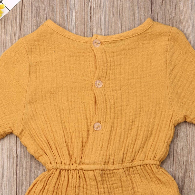 Mubineo Toddler Baby Girl Summer Fall Basic Plain Short Sleeve Cotton Linen Drawstring Romper Jumpsuit (Mustard Yellow, 6-12 Months) - Image 5